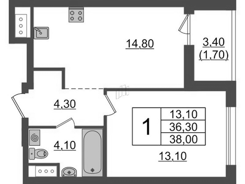 1-комнатная квартира 38 м², 9/9 эт., ЖК «А101 Лаголово»